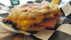 Breakfast sandwich with homemade bacon ($9). at Midtown Vegan Deli & Market in Tucson