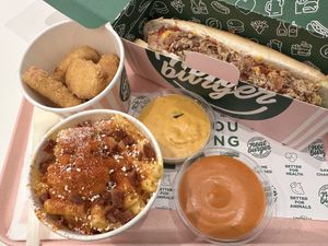 Mac and cheese, neat dog and neat nuggets!  at Neat Burger - Canary Wharf in East London