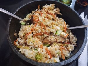 vegan bibimbap (no beef, and ask for tofu instead of egg) at Seoul in Sevilla