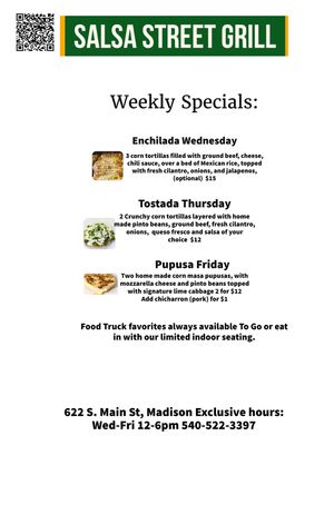 Weekly Specials, can be customized to vegetarian or vegan, just let us know! at Salsa Street Grill in Madison