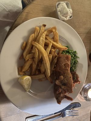 Vegan fish, chips & vegan mayo  at The Fox Goes Free in Chichester