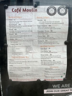 Menu page 1: vegan section is middle left  at Cafe Moulin in Pittsburgh