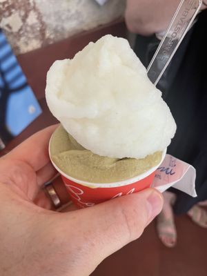 Lemon sorbet and vegan pistachio    at Gelateria Ballini in Verona