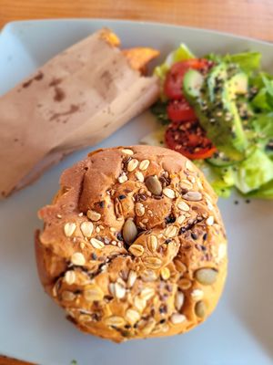 Veggie burger with salad and sweet potato fries at Lit in Puerto Vallarta