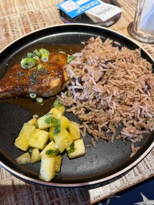Jerk vegan chicken rice and peas  at Turtle Bay in Manchester