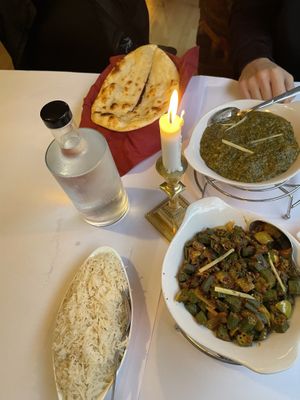 Masala Bhindi Sabat & Aloo Palak with garlic Naan & Rice  at Deep Indisk Restaurant in Copenhagen