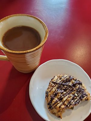 Vegan breakfast cookie & coffee with non-dairy milk at Stolen Church in Invermere