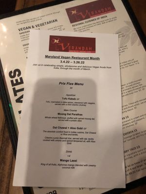 Vegan resto week menu  at The Verandah Kitchen in Baltimore