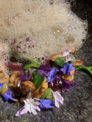 Third starter of mushrooms with mushroom foam  at Glacier Fine Dining in Grindelwald