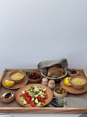 breakfast with greek salad and fava beans. so yummy! at Ethos Vegan Suites in Santorini