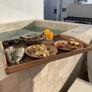 Breakfast day 1: tahini pancakes and spinach rolls  at Ethos Vegan Suites in Santorini