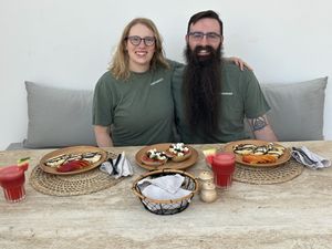 Breakfast on the patio  at Ethos Vegan Suites in Santorini
