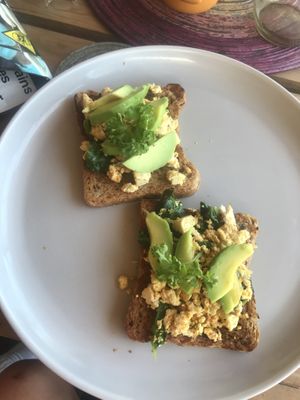 Vegan tofu scramble on toast with avocado  at Mahalo in Arugam Bay