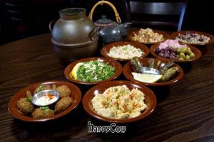 All Vegan Middle Eastern Appetizers: Hummus, Baba Ganooj, Falafel, Chick peas salad, Stuffed grape leaves at Baladi Mediterranean Cafe in Virginia Beach
