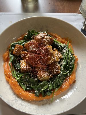 “Sexy tofu”, sesame tofu on a sweet potato mash base and lots of spinach   at Barakokula in Split