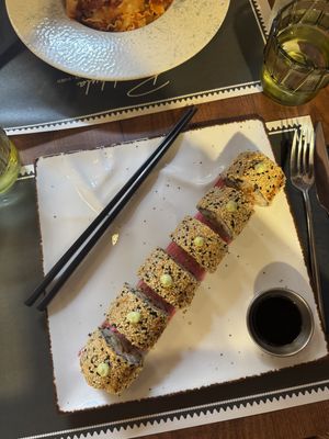 Geisha rolls: tofu, sushi rice, cucumber, peppers, sesame seeds with soy sauce and spicy mayo  at Barakokula in Split