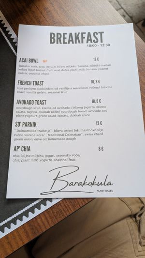 The breakfast menu at Barakokula in Split