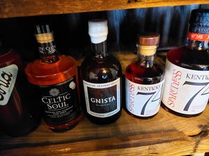 No-alcohol spirits for purchase, beautiful bottles and labels at The Volstead by Unity in Philadelphia