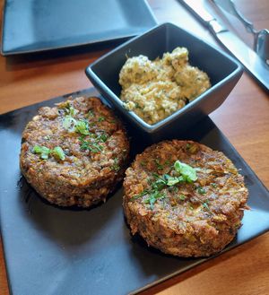 Crabcake appetizer. Best vegan crabcakes I have had. Artichoke-based at The Volstead by Unity in Philadelphia