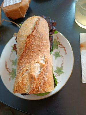 Baguette with smoked tofu bacon at Julie's Cafe in Gothenburg