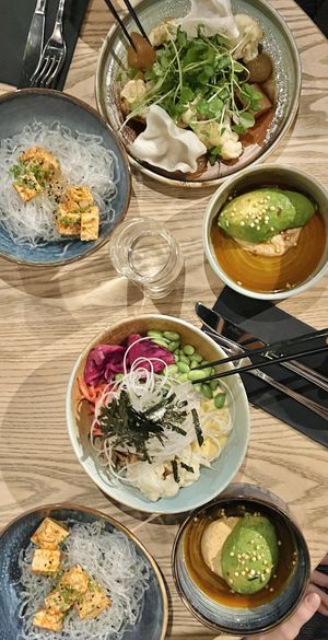 Donburi with vegetables and edamame ~ Kelp noodles with marinated tofu and avocado ~ Baked cauliflower with sprouts, soy braised radish and ginger 🌿  at Yasuragi  in Saltsjo-boo