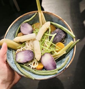 Vegetables over sweet potato noodles bowl. The spokes asparagus was amazing 😋  at Yasuragi  in Saltsjo-boo