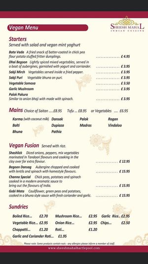 Sheesh Mahal Vegan Menu  at Sheesh Mahal in Hartlepool