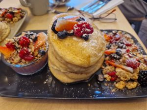 Pancake 'tower' at Plant Faced Coffee Shop in Hadleigh