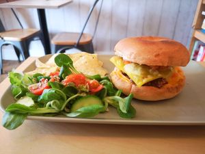 Korean bagel made with fable mushrooms (I can't remember the actual name of it). at Plant Faced Coffee Shop in Hadleigh