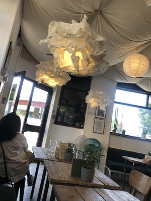 Frabic on the ceiling makes for lovely acoustics   at Loop in North London