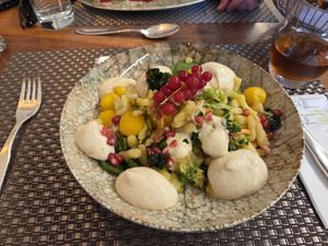 Vegan home made spatzli at Schlosskeller in Brig