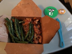 Vegan Thanksgiving at WholeFoods: roast veggies, mashed sweet potato, green beans, vegan stuffing, braised tofu at Whole Foods Market - Couch in Portland