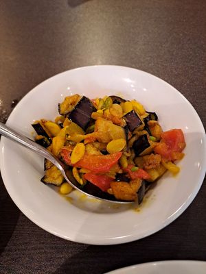 Aubergine with seeds of flat beans at Cafe Mumbai in Totnes