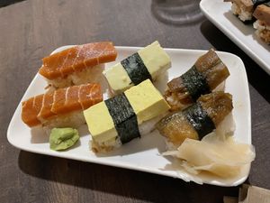 Raw mushy “egg” tamago nigiri.  at The Fat Beet in Bellingham