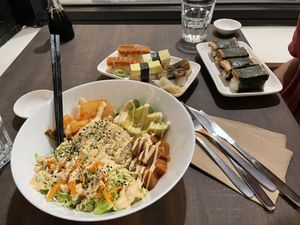 Poké Bowl, Nigiri Platter, Mini Tofu Musubi’s, very disappointing    at The Fat Beet in Bellingham