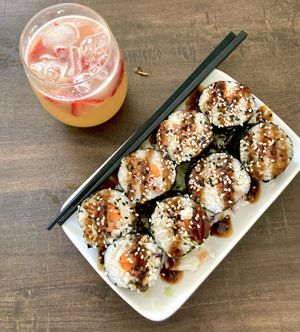 Delicious Teriyaki Jackfruit roll and Strawberry Rose Mule!   at The Fat Beet in Bellingham