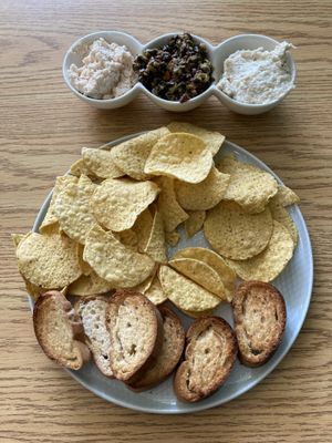 Dip trio - faux salmon, olive tapenade, and onion spread  at The Fat Beet in Bellingham