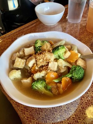 Rad Nah with tofu - wouldn’t get again. The noodles were weirdly sweet, and the bits of garlic were overpowering.  at Gogo Thai in Atascadero