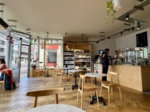 Decor and seating inside   at Grain and Grind in Inverness