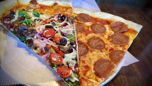 Vegan veggie slice and pepperoni vegan slice and their Vegan ranch is delicious  at Pizzanista in Los Angeles