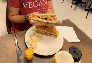 100% Vegan Cafe, fresh, tasty, seasonal food, that doesn’t scream! I had a huge ‘Ftira’ sandwich with sweet potato with rosemary and garlic sauce. Delicious and filling and o at Nura Cafe, Hair & Beauty Salon in Mellieha