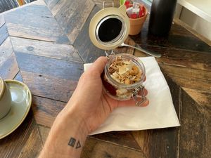 Yoghurt Pot (£5.50 vegan yoghurt topped with homemade granola and berry compote) - pretty small (only managed to get to full spoon out of it)  at Cafe@62 in Brighton