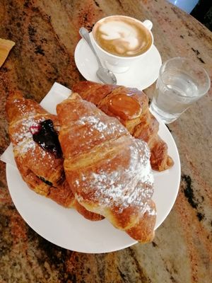 Jam croissants and soy coffee. at Pasticceria Beatrice in Turin