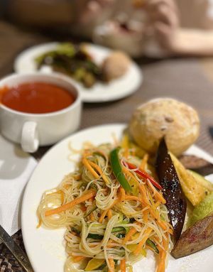 Funchose salad, stewed vegetables and tomato soup. Order in advance. at Anoush in Yerevan