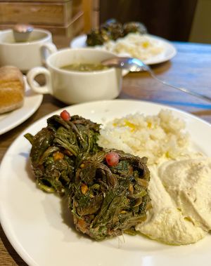 Sorrel salad, boiled rice and hummus. A little further there is lentil soup. Order in advance. at Anoush in Yerevan