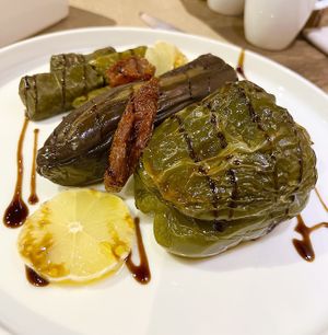 Rice tolma and stewed vegetables stuffed with rice, legumes and spices. On the menu. at Anoush in Yerevan
