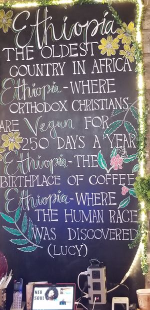 An explanation of why Ethiopian are so vegan-friendly, posted on their wall. at La Vegan in Toronto