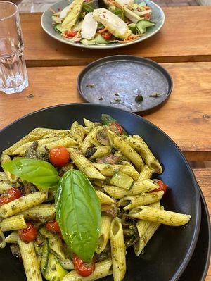 Vegan pasta (salad in background with chicken)  at Grace + Merci in Swellendam