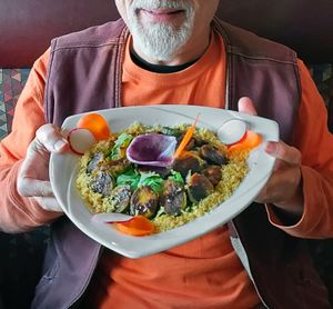 vegan Tandoor Brussels Sprout Salad, listed on the menu as a side dish under Soups & Salads, here displayed as a double portion on a single dish at The Spice Palette Indian Cuisine in New London