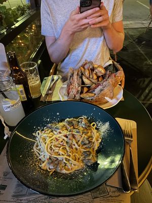 Vegan Carbonara and LARGE vegan Club Sandwich  at Aparto Bistro & Cafe in Kavala